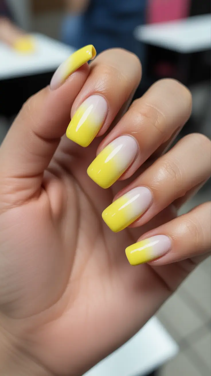 modern yellow spring nails for spring 2026 Sunlit Ombre Glow