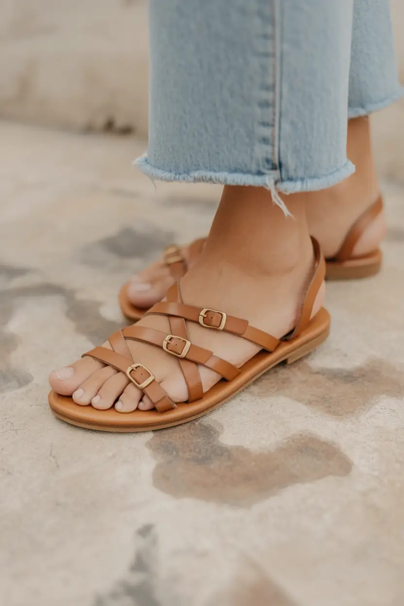 summer footwear ideas Strappy Tan Flats That Always Make Sense